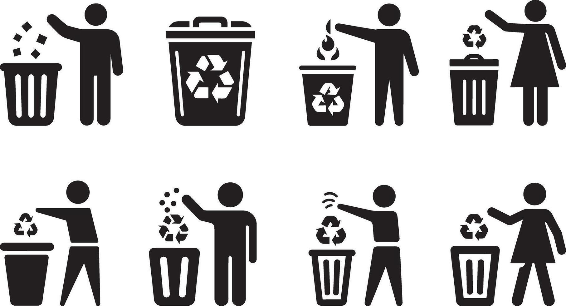Black and white icons of people throwing trash into a trash can vector