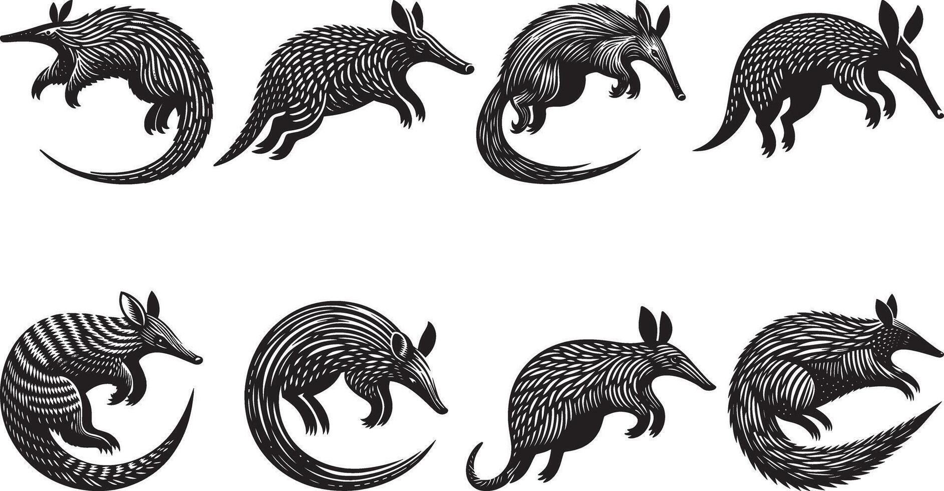 Set of Stylized Black and White Anteater Illustrations Showcasing Unique Textured Patterns and Iconic Poses vector