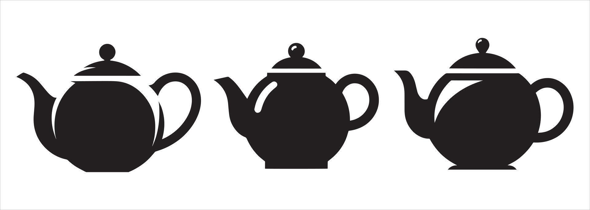 Minimalist Black Silhouette Teapot Illustration Set Featuring Three Distinct Classic Designs in a Row vector