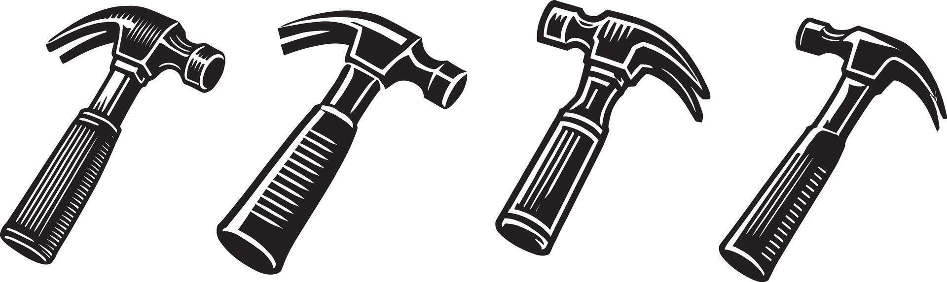 Detailed Black and White Line Art Illustrations of Classic Claw Hammers in Various Angles Showcasing Handle, Head, and Claw vector
