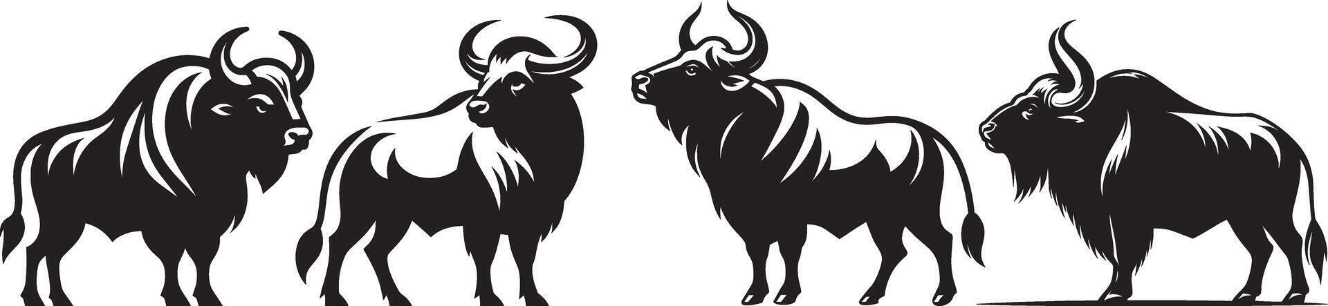 Three black and white buffalo silhouettes on a white background vector
