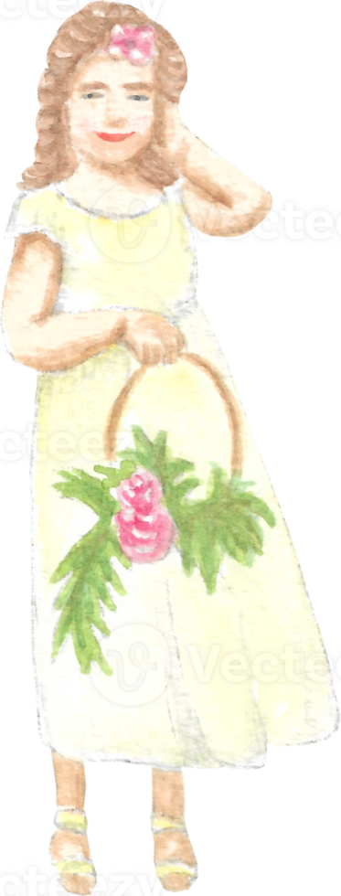 A flower girl with short brown hair wearing light yellow dress holding a flower basket with cute smile on her face that is drawn and painted by hand in watercolor fine art style png
