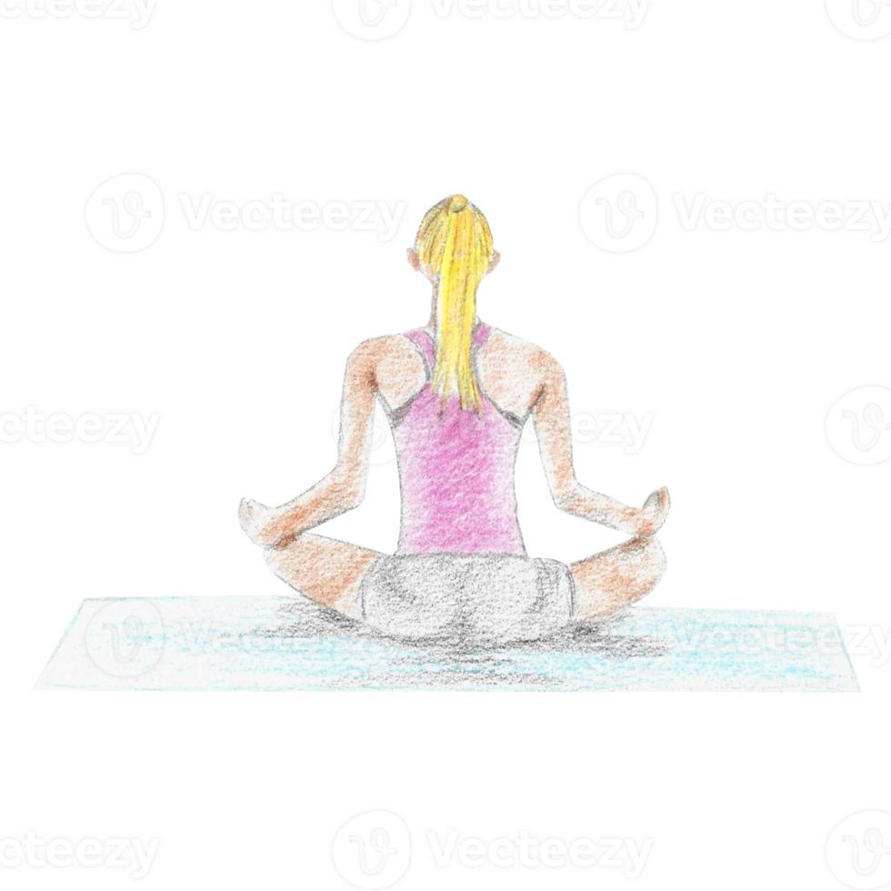 Yoga Posture in meditation sitting on yoga mat that is drawn and painted by hand in watercolor fine art style png