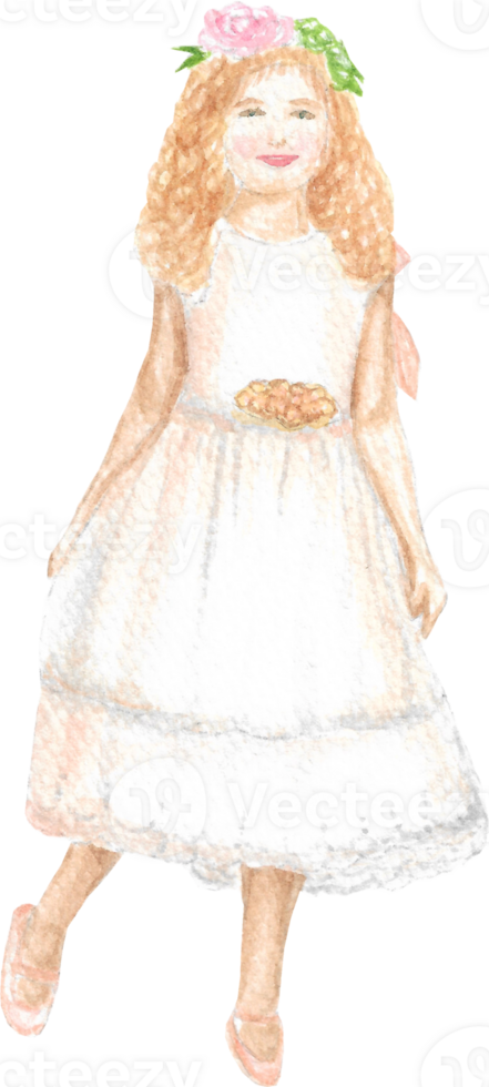 A flower girl with long brown hair and flowers wearing white nice dress with cute smile on her face that is drawn and painted by hand in watercolor fine art style png