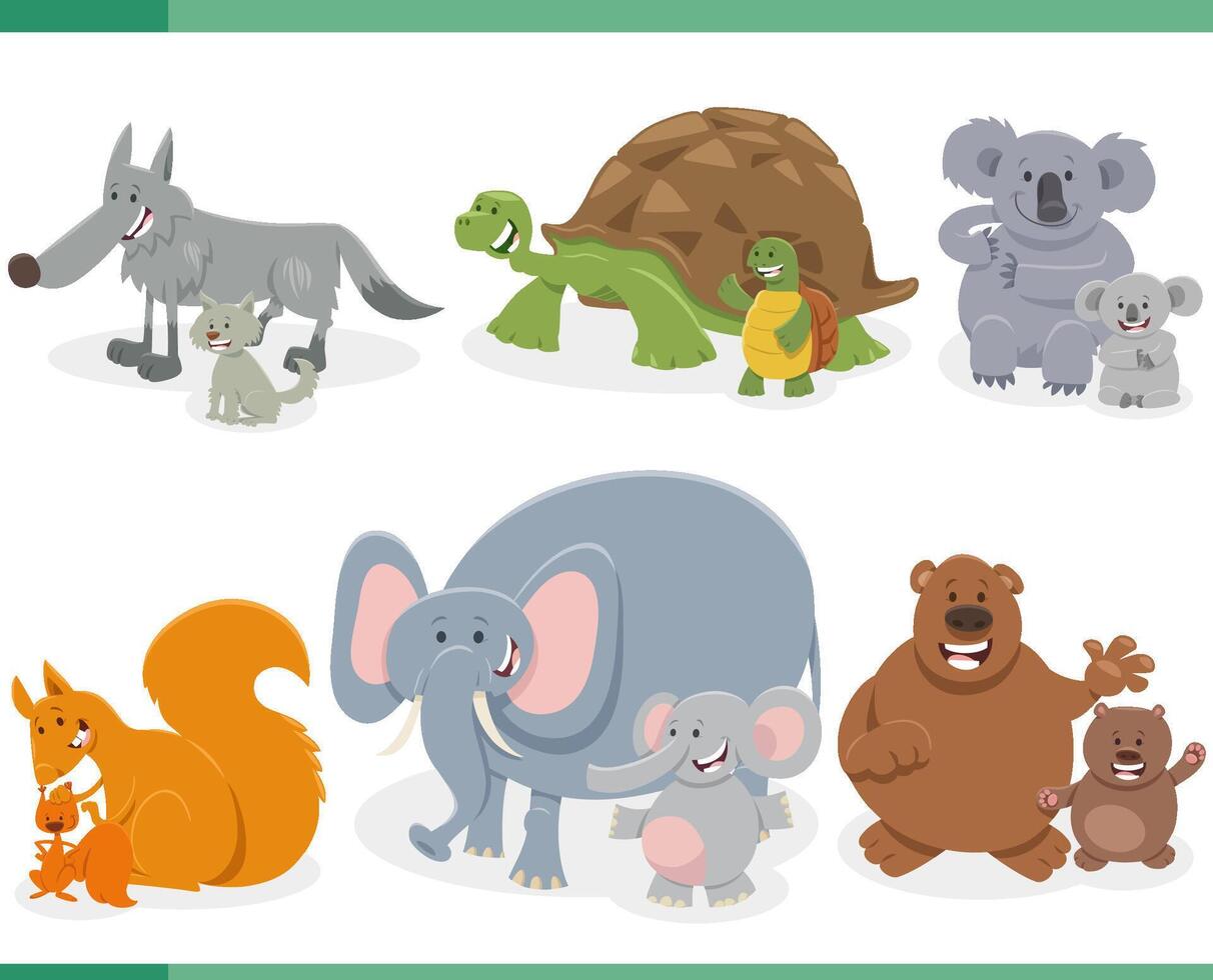 funny cartoon wild animals species characters set with their children vector