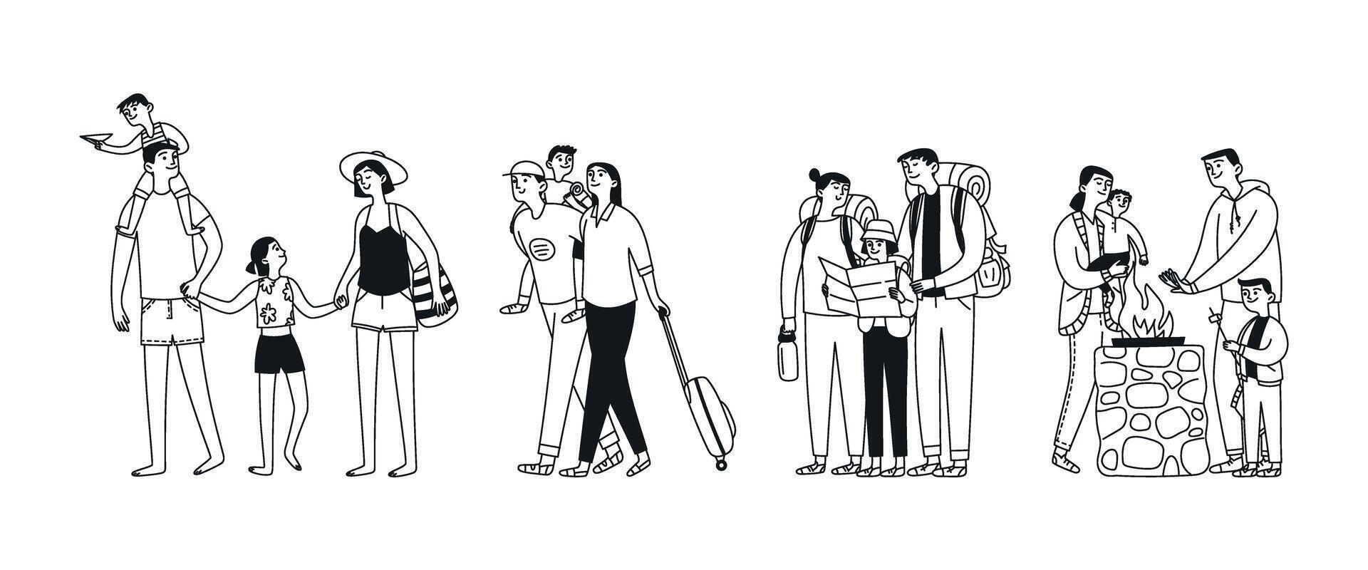 Doodle set family on vacation, different locations. People together, parents and children on the beach, on a trip, on a hike, by the fire. illustration vector