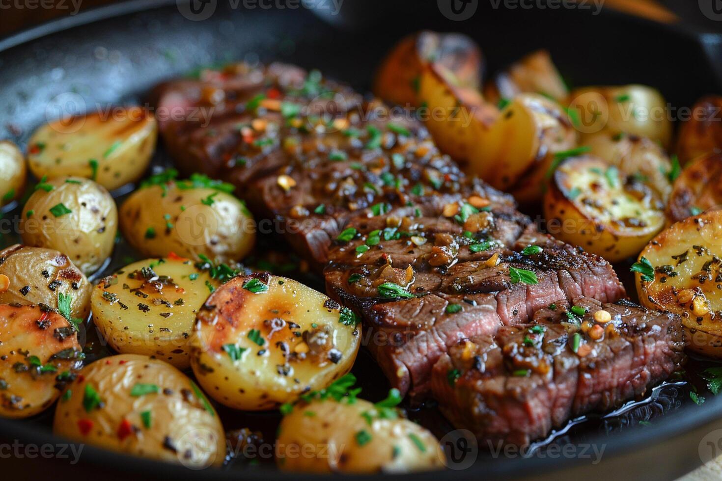 Savory seared steak with roasted garlic potatoes in a rustic cast iron skillet. photo