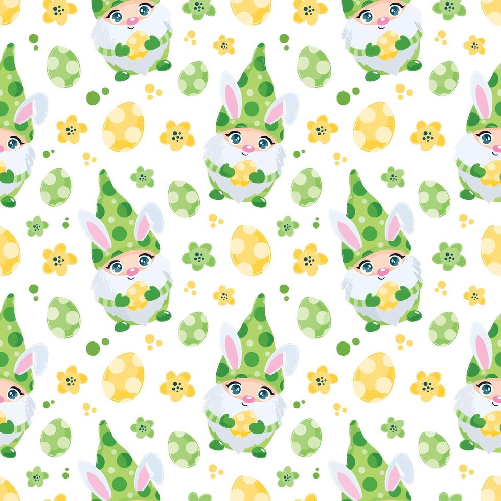 Cute Easter Gnome Pattern with Eggs and Flowers. vector