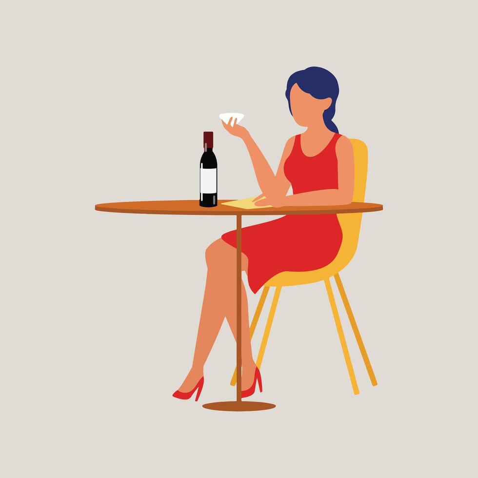 Woman Drinking Wine at Table Illustration. vector