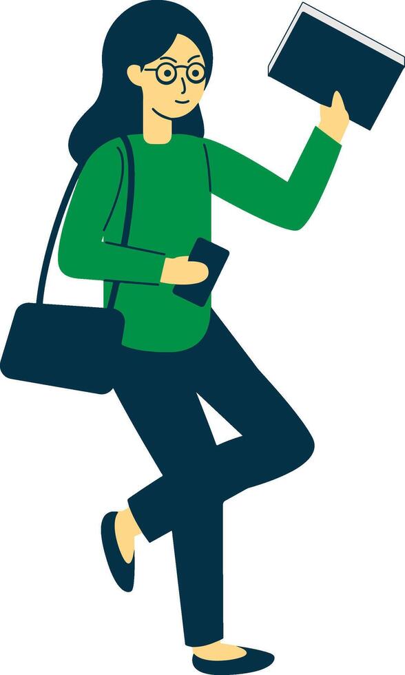 Young Woman Holding Book and Smartphone Illustration. vector