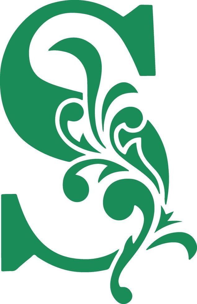 Elegant ornamental letter s design in green. vector