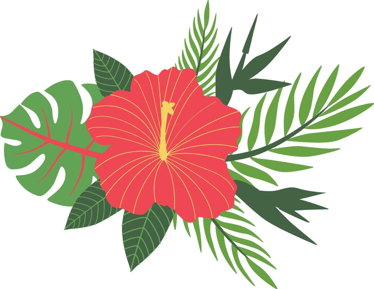Tropical Hibiscus Flower with Green Leaves Illustration. vector