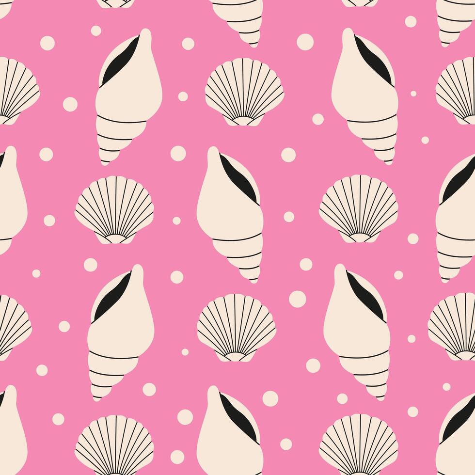 Seamless Seashell Pattern on Pink Background. vector