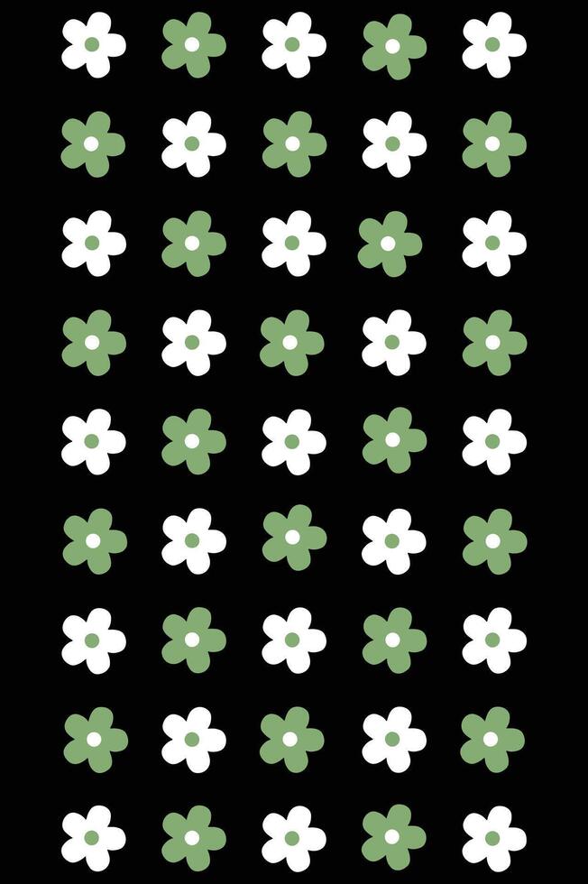 Seamless Floral Pattern with Green and White Flowers on Black Background. vector