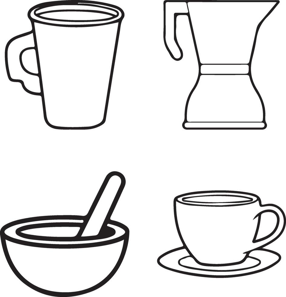 Coffee and tea icon set, beverage line art symbols. vector