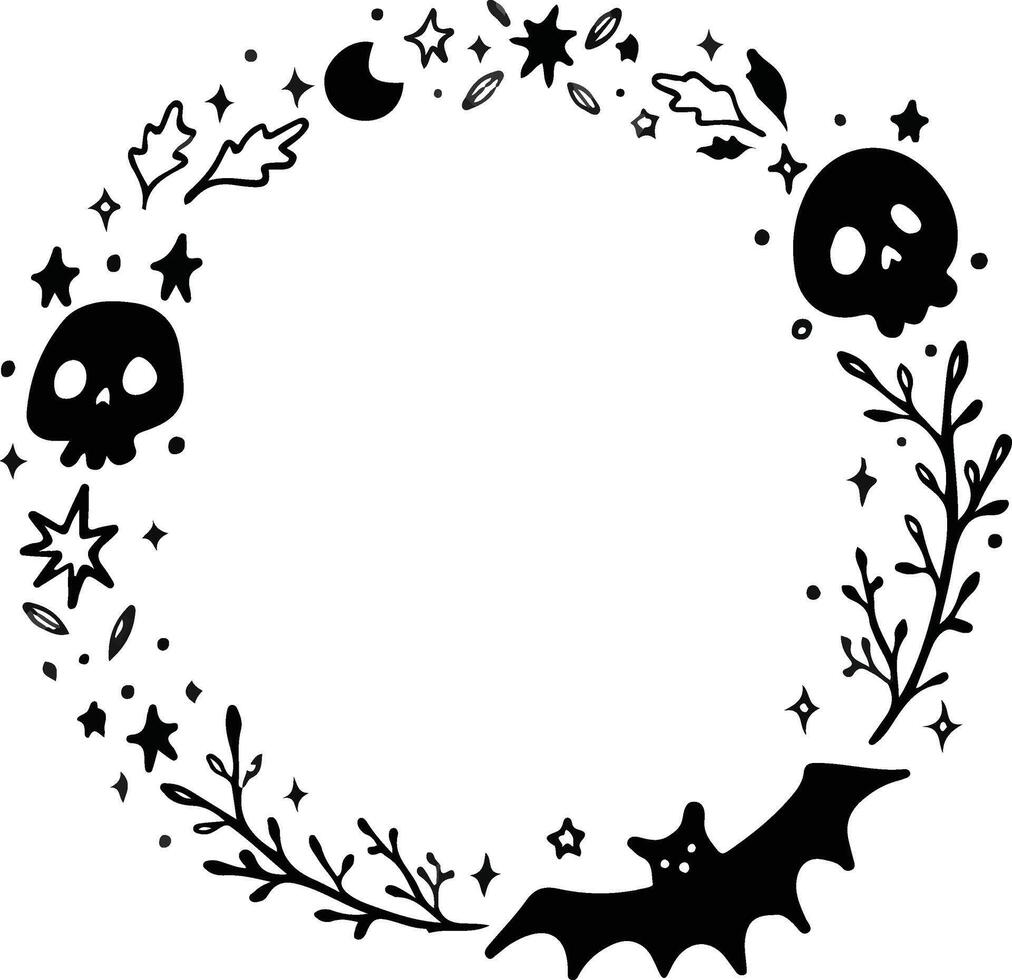 Spooky halloween wreath with skulls, bat, stars, and leaves. vector