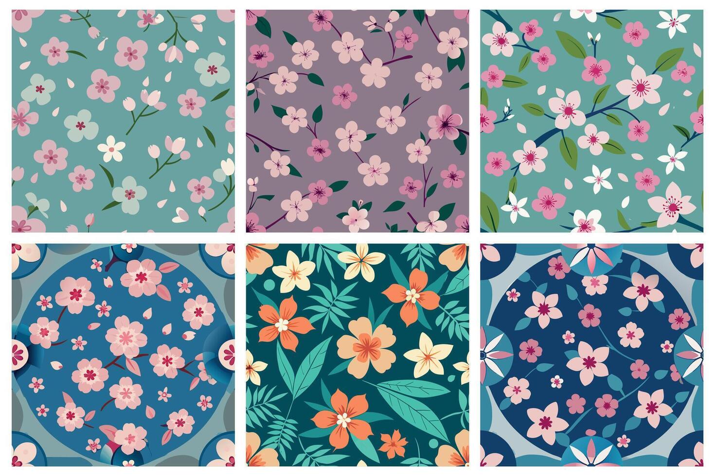 Colorful Floral Patterns Collection With Cherry Blossom vector