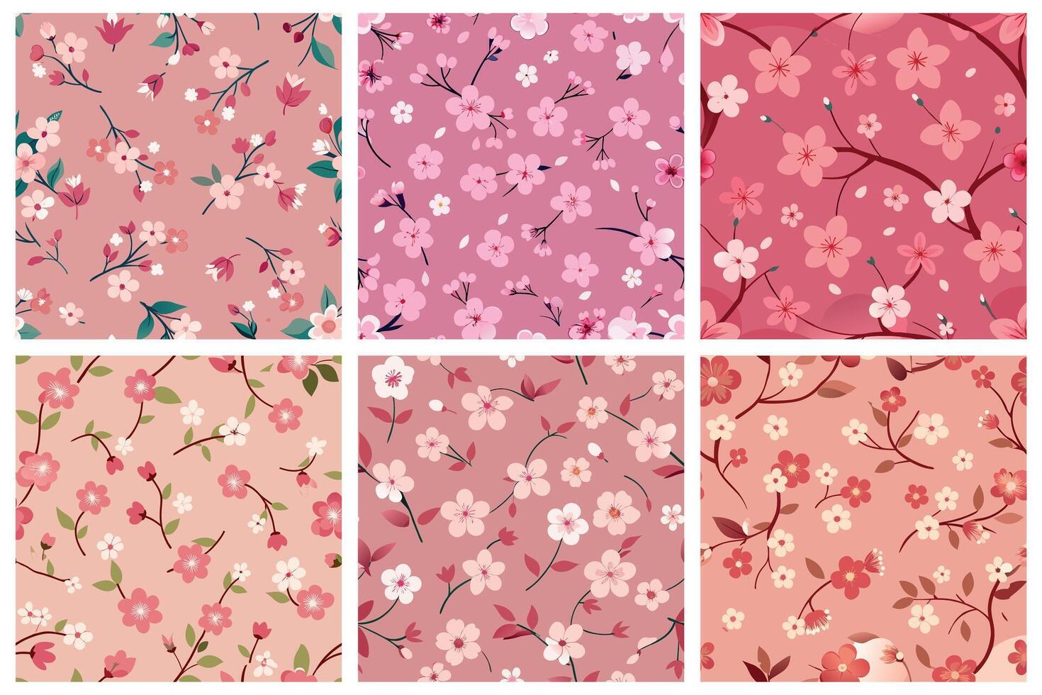 Colorful Floral Patterns Collection With Cherry Blossom on Pink Background vector
