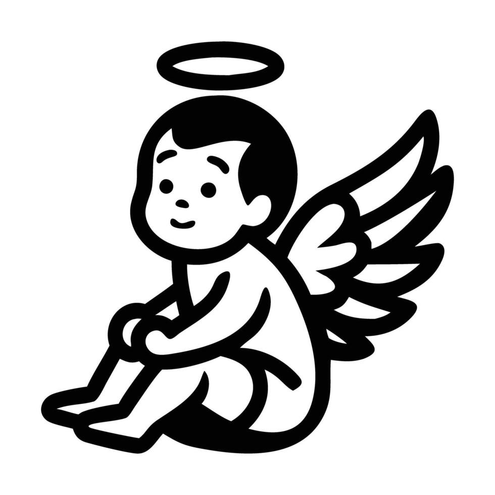 Adorable black and white illustration of a cherubic baby angel with halo and wings, perfect for religious or baby-themed designs. vector
