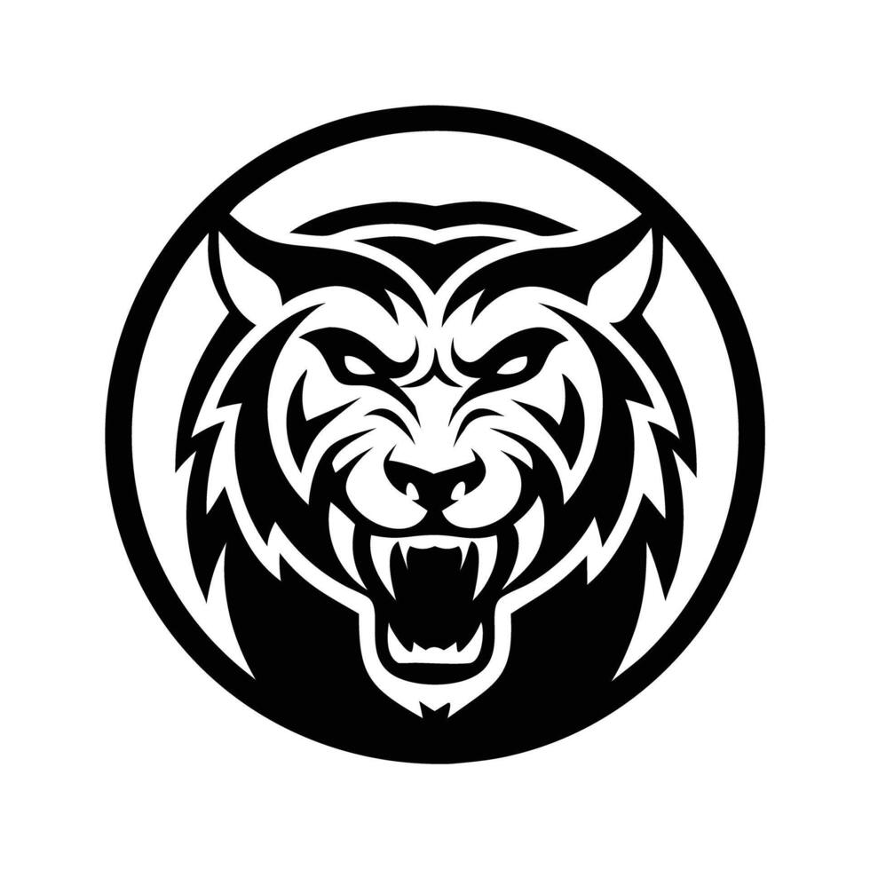 Fierce black and white tiger head logo in a circle. Perfect for sports teams, brands, or businesses needing a powerful image. vector
