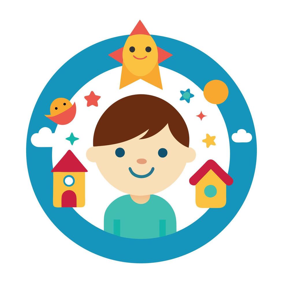Happy Child Surrounded by Playful Icons vector