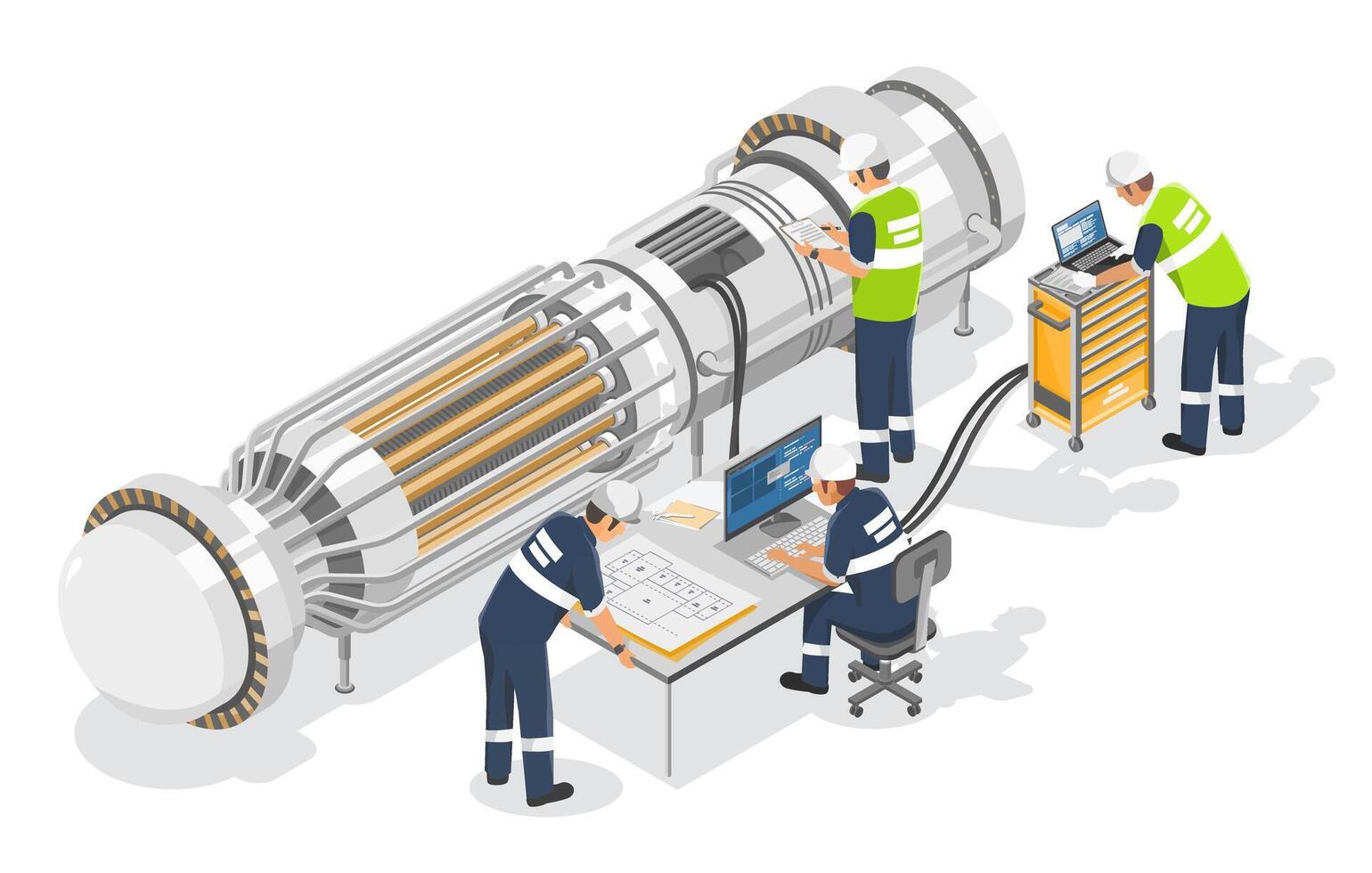 research and development engineers working on advanced diagnostics of compact micro small nuclear reactor using digital tools and blueprints in a high tech laboratory environment isometric vector