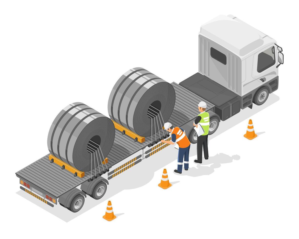 Logistics workers inspecting steel coil safety on flatbed trailer during industrial transportation process isometric cartoon vector