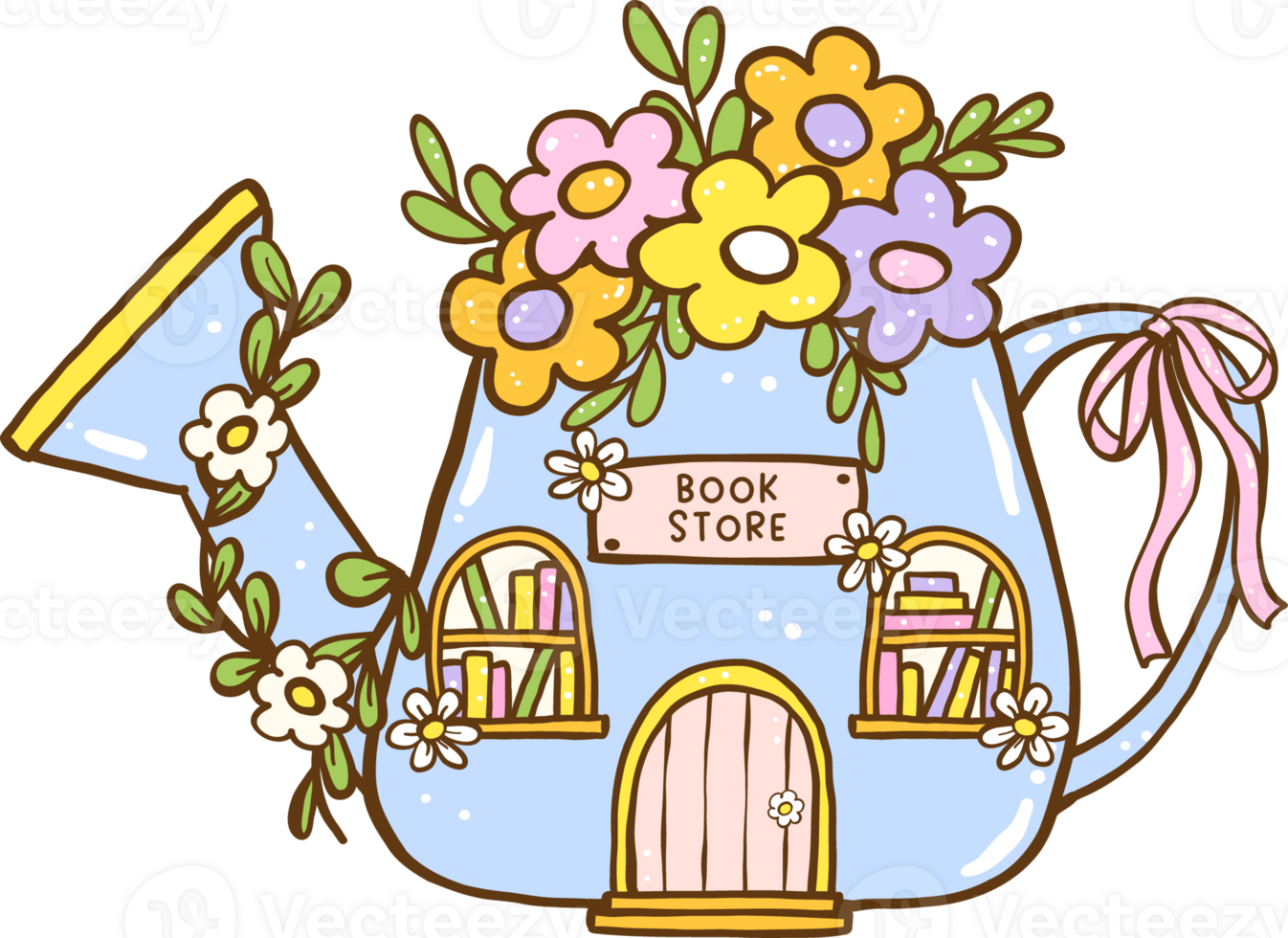 Cute Spring Bookish book store Watering Can Shape Cartoon Hand Drawn png