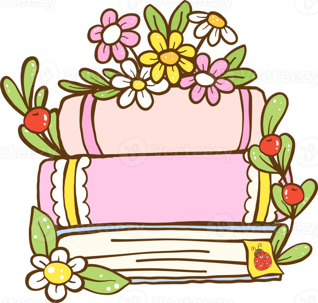 Cute Spring Book Stack with flower Cartoon Hand Drawn png
