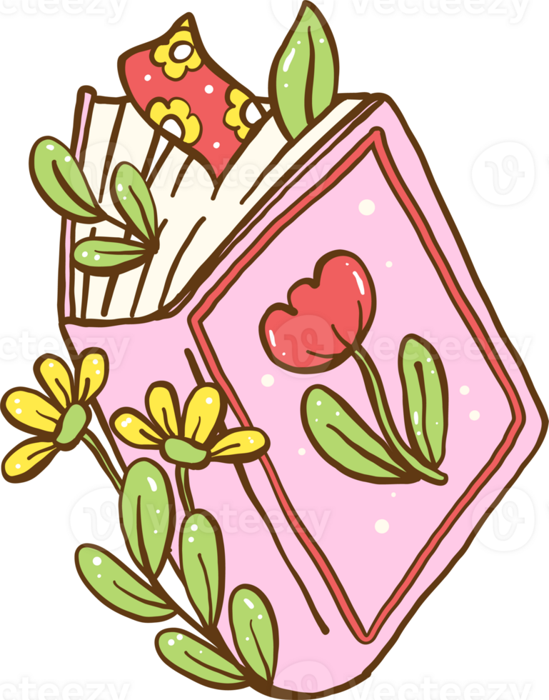 Cute Spring Close Book with flower Cartoon Hand Drawn png