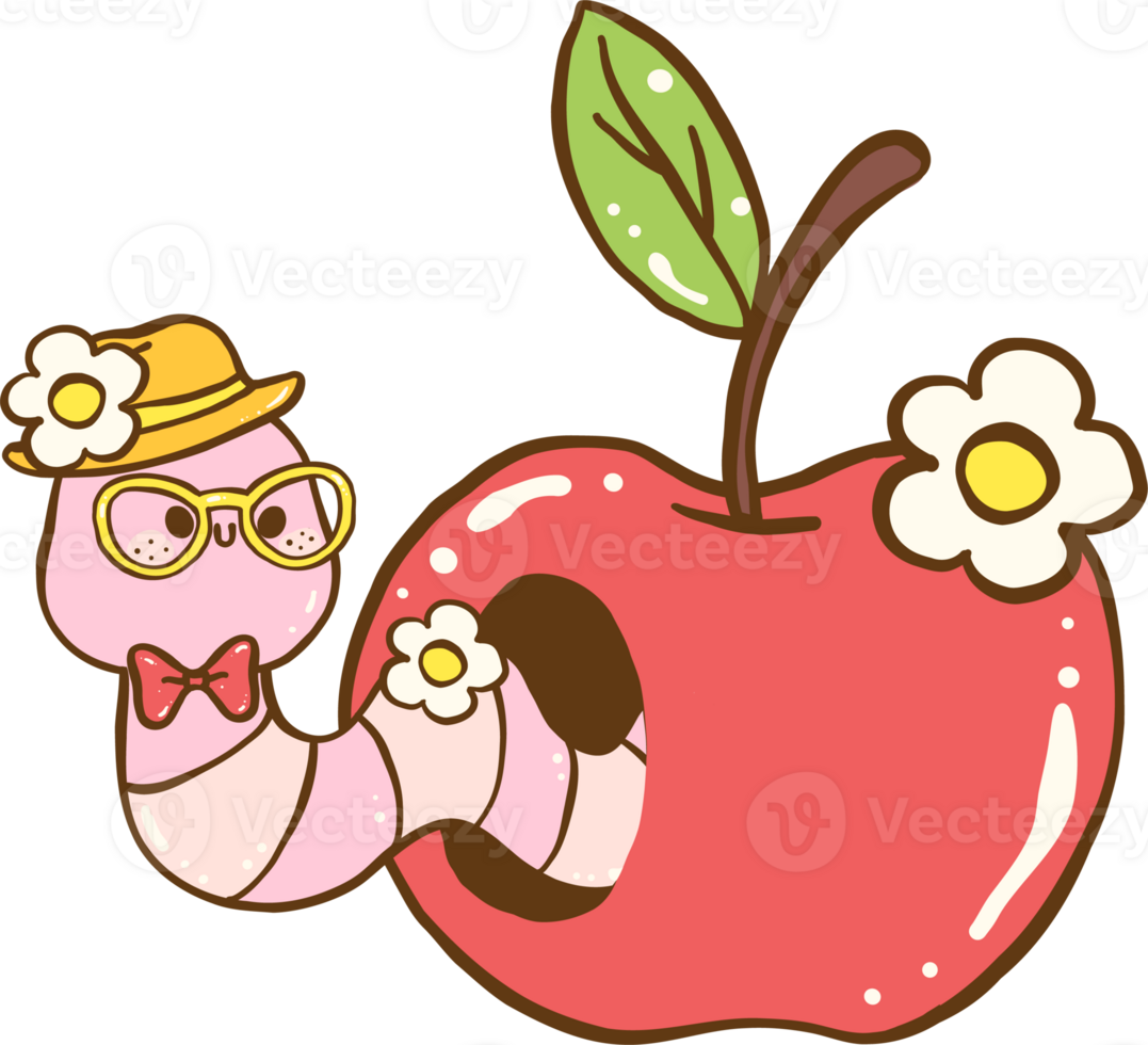 Cute Nerd Worm in Apple Cartoon Hand Drawn png