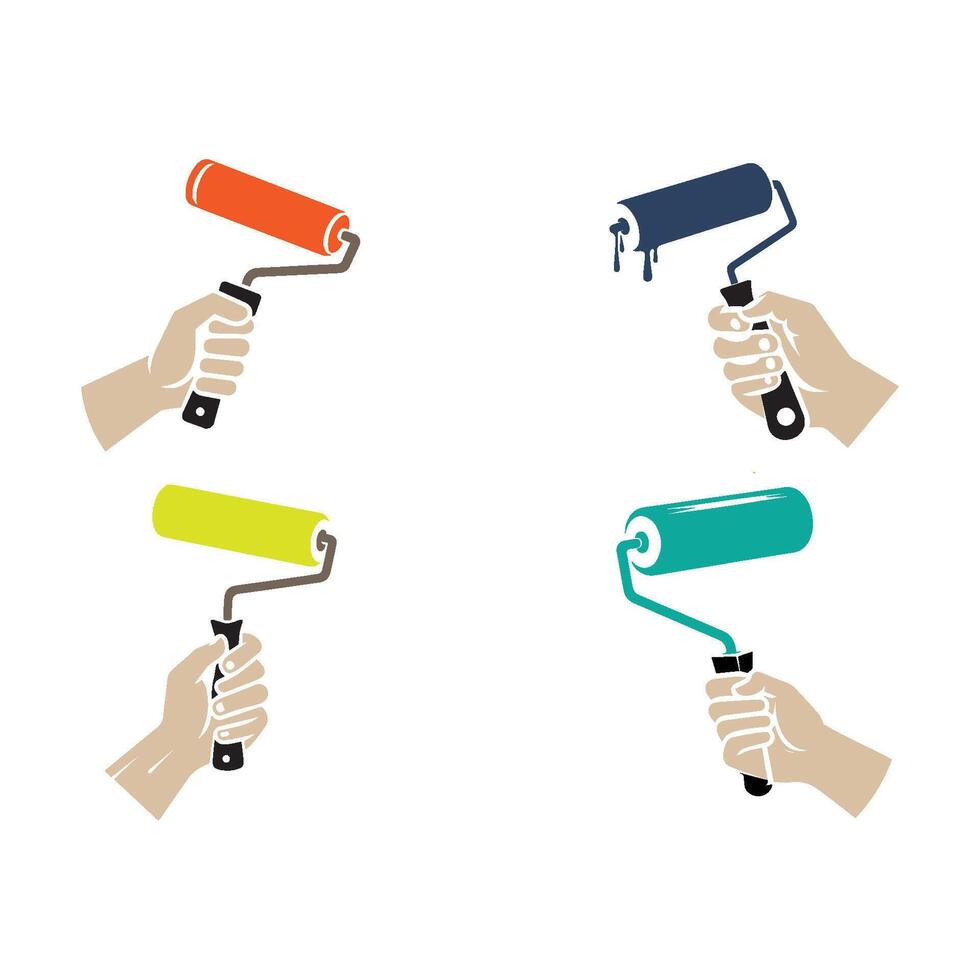 Hand holding paint roller vectors on white background.