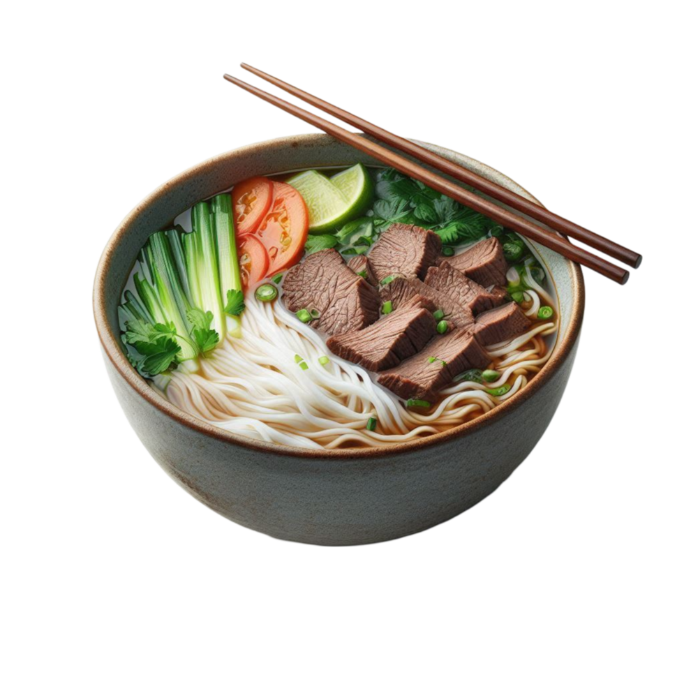 Artistic Bowl of Asian Noodle Soup with Meat and Vegetables png