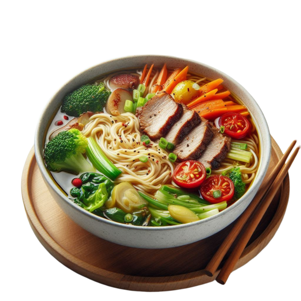 Bowl of Asian Noodle Soup with Vegetables png