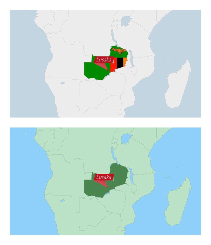 Zambia map with pin of country capital. Two types of Zambia map with neighboring countries. vector