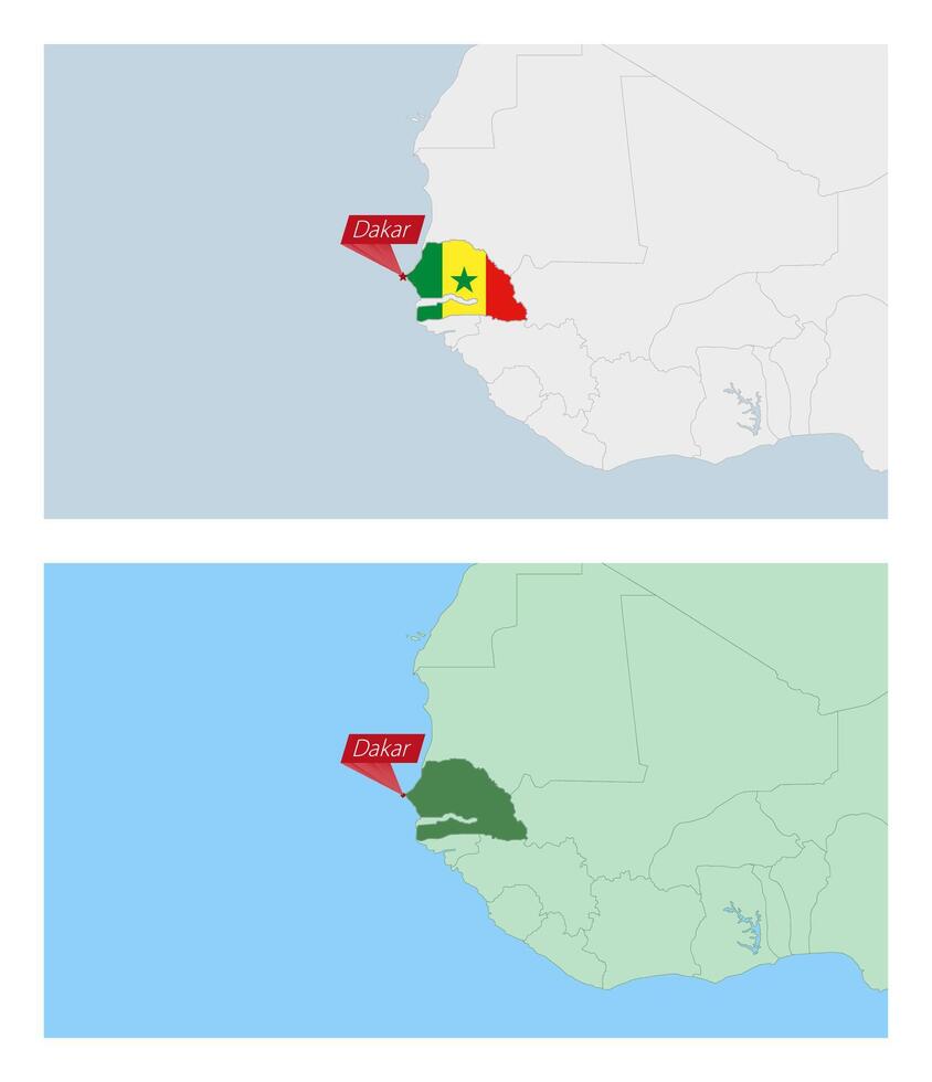 Senegal map with pin of country capital. Two types of Senegal map with neighboring countries. vector