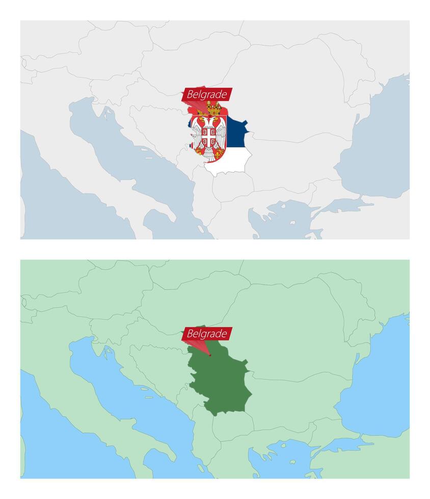Serbia map with pin of country capital. Two types of Serbia map with neighboring countries. vector
