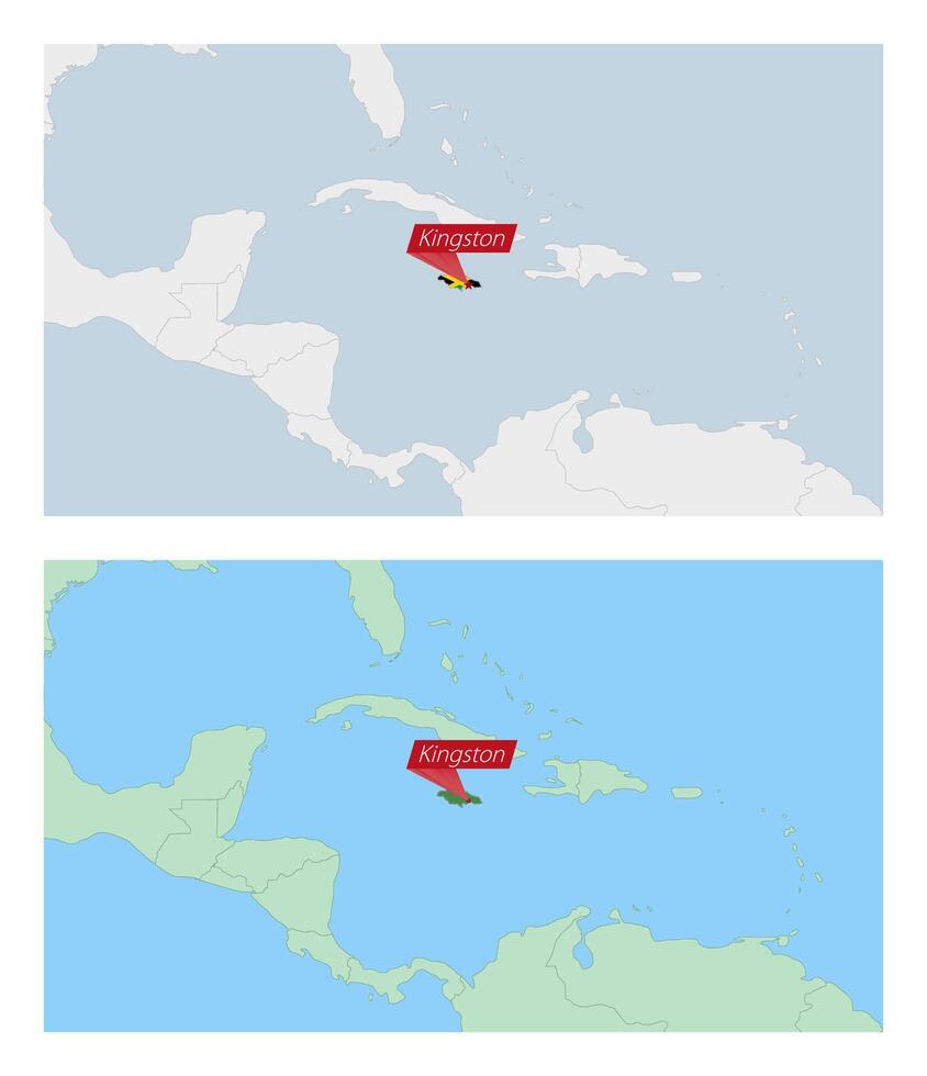 Jamaica map with pin of country capital. Two types of Jamaica map with neighboring countries. vector