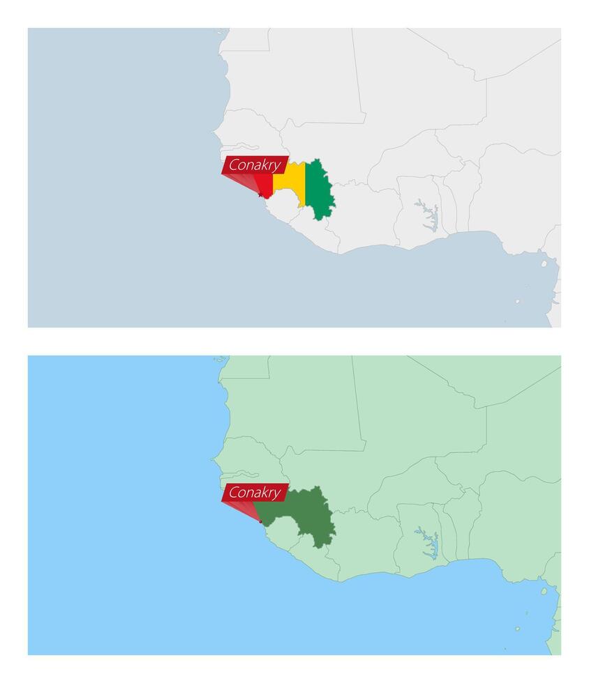 Guinea map with pin of country capital. Two types of Guinea map with neighboring countries. vector