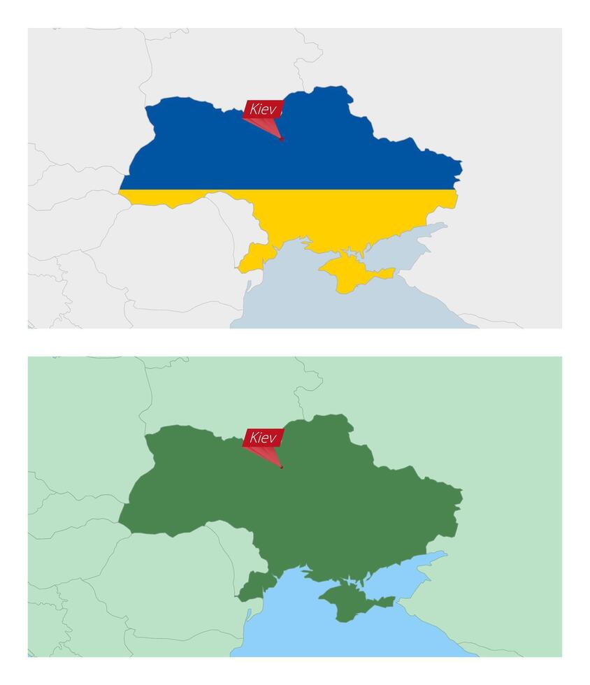 Ukraine map with pin of country capital. Two types of Ukraine map with neighboring countries. vector