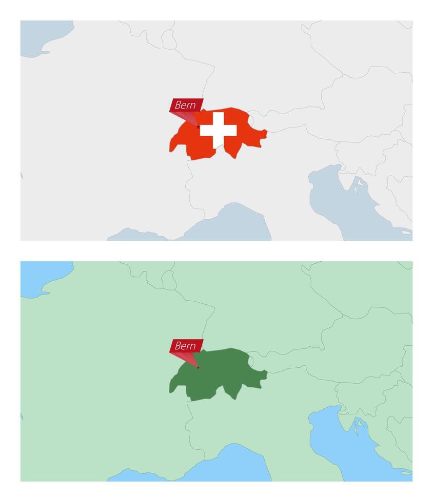 Switzerland map with pin of country capital. Two types of Switzerland map with neighboring countries. vector