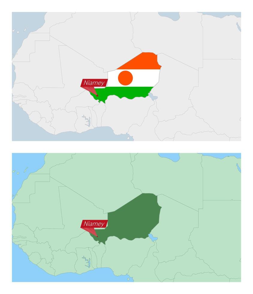 Niger map with pin of country capital. Two types of Niger map with neighboring countries. vector