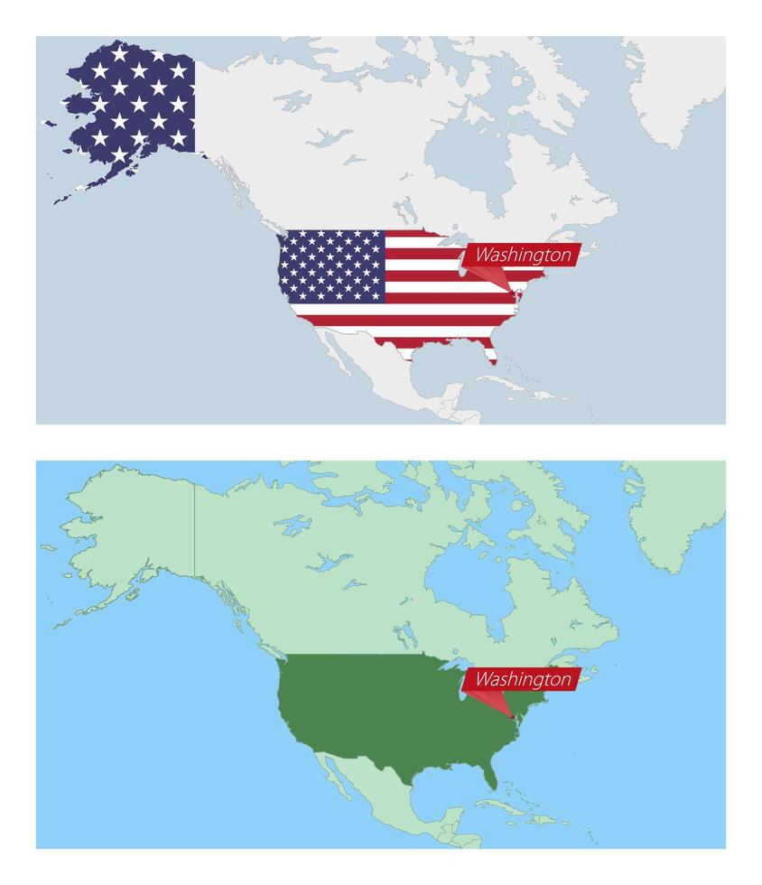 USA map with pin of country capital. Two types of USA map with neighboring countries. vector