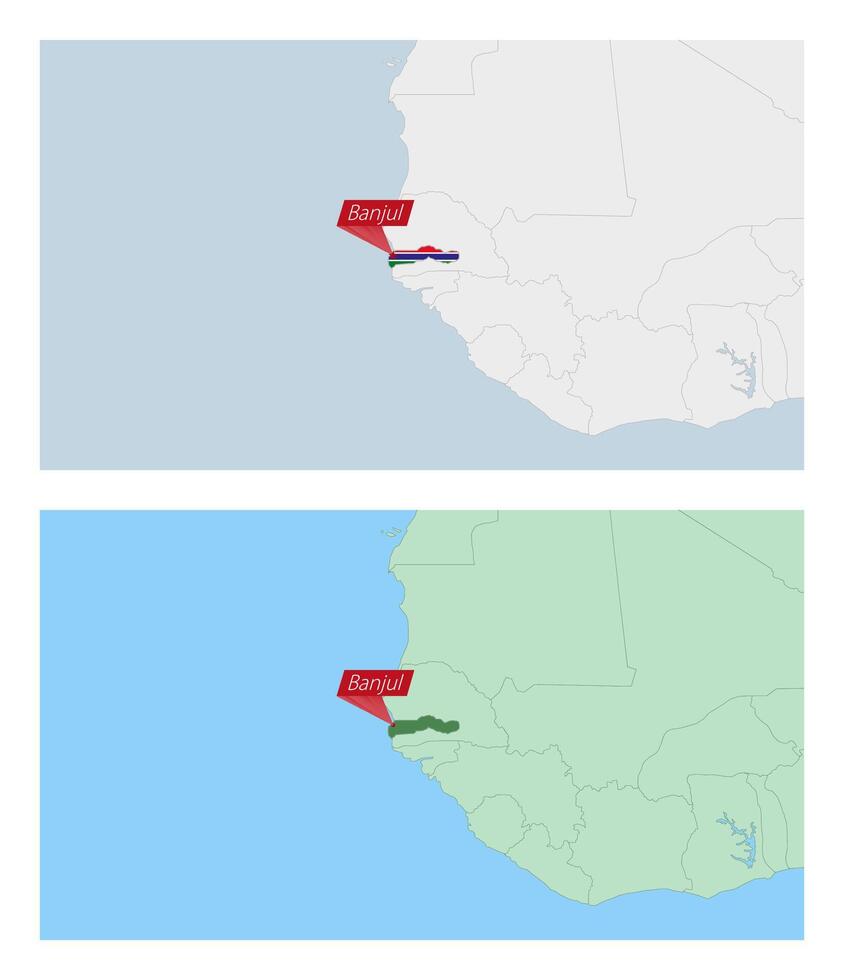 Gambia map with pin of country capital. Two types of Gambia map with neighboring countries. vector