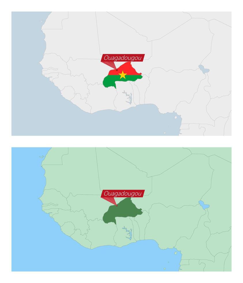 Burkina Faso map with pin of country capital. Two types of Burkina Faso map with neighboring countries. vector