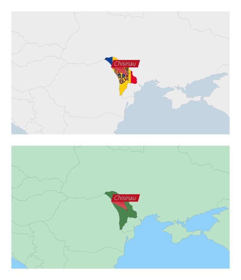 Moldova map with pin of country capital. Two types of Moldova map with neighboring countries. vector