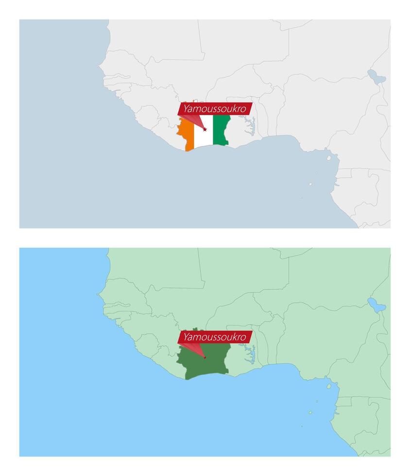 Ivory Coast map with pin of country capital. Two types of Ivory Coast map with neighboring countries. vector