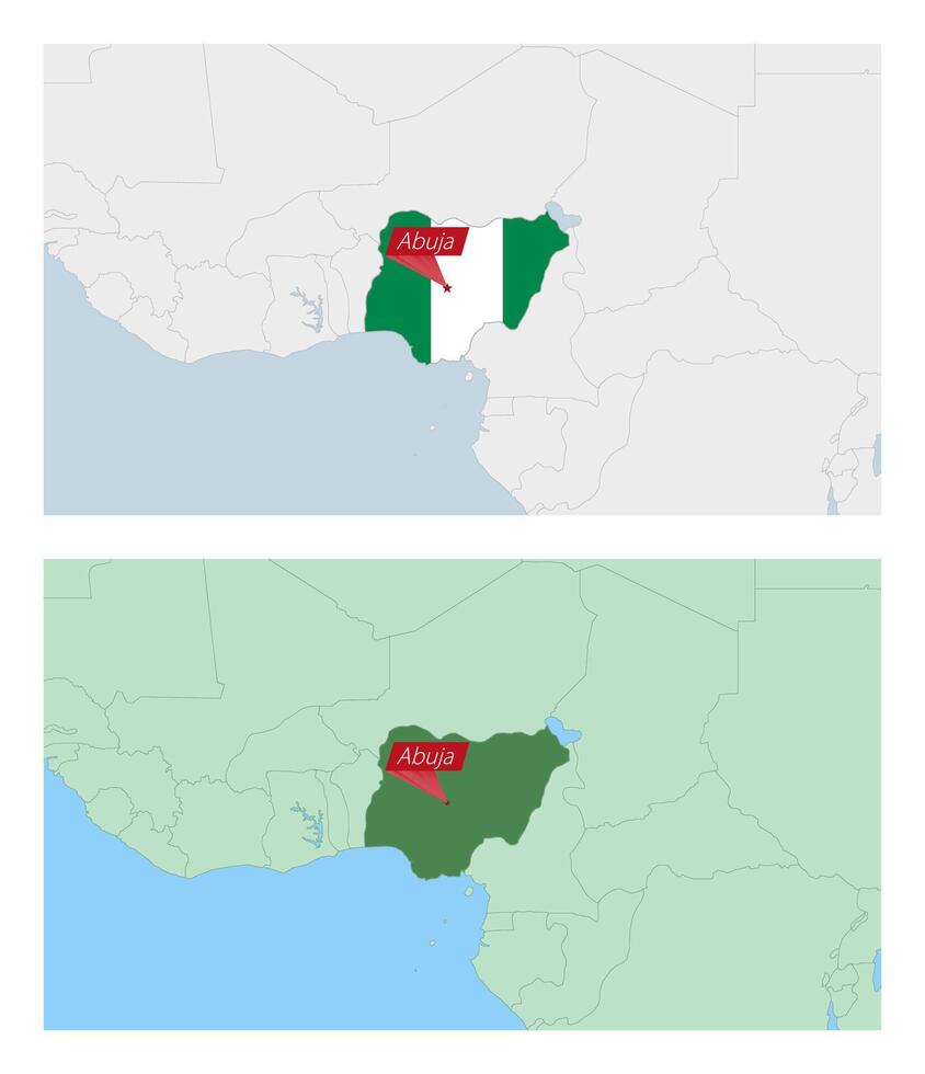 Nigeria map with pin of country capital. Two types of Nigeria map with neighboring countries. vector