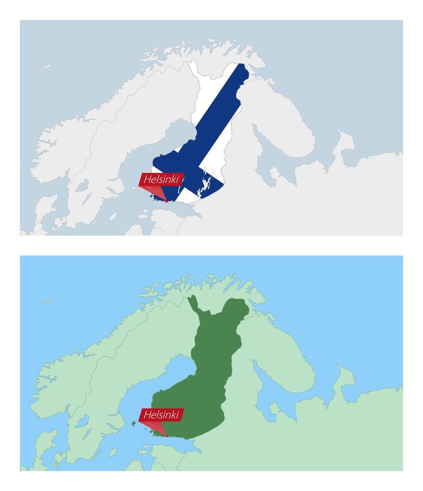 Finland map with pin of country capital. Two types of Finland map with neighboring countries. vector