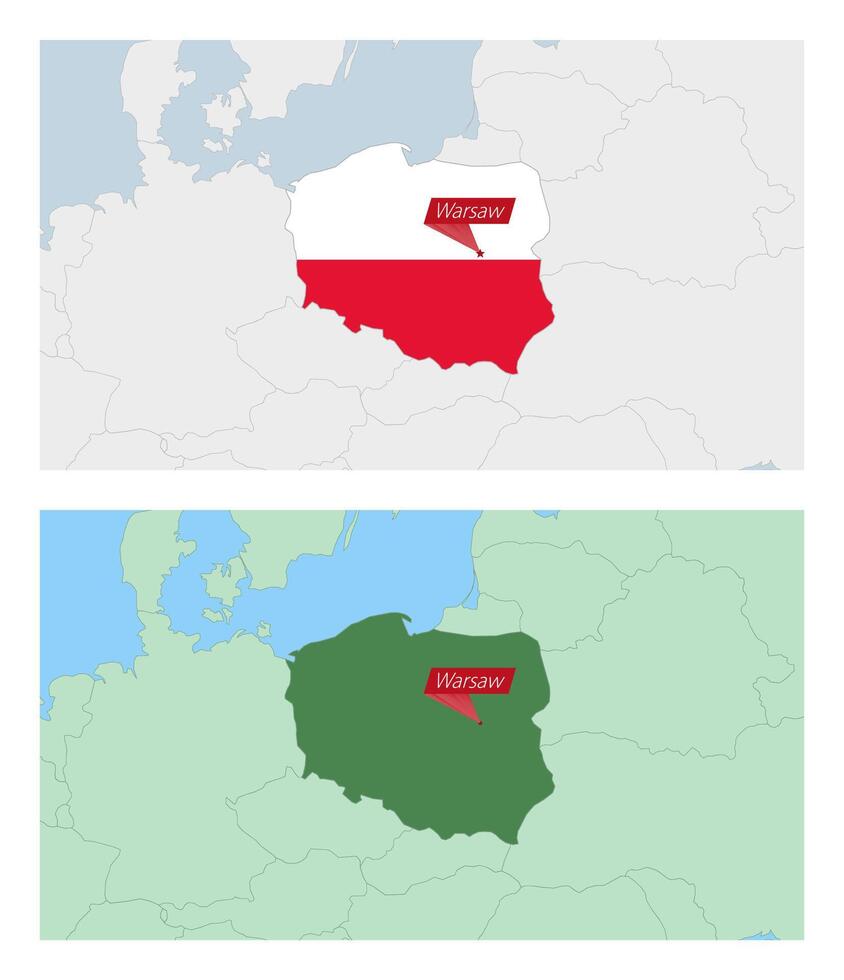 Poland map with pin of country capital. Two types of Poland map with neighboring countries. vector